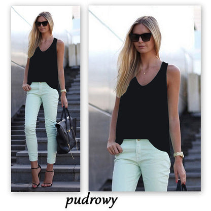 Women Casual Chiffon Solid Color Sleeveless U-Neck Tanks