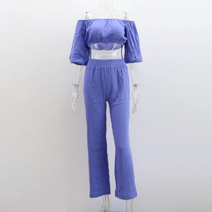 Women Solid Color Wrinkle Off-The-Shoulder Croptop And High Waist Wide-Leg Pants Casual Suit