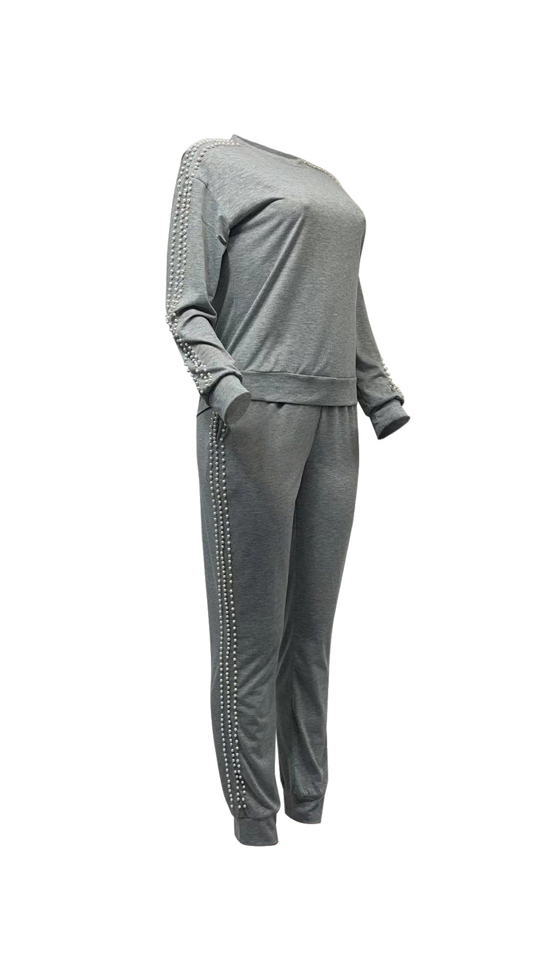 Conjunto de dos piezas de top y pantalones ajustados de manga larga con cuello redondo y diseño de cuentas informal para mujer