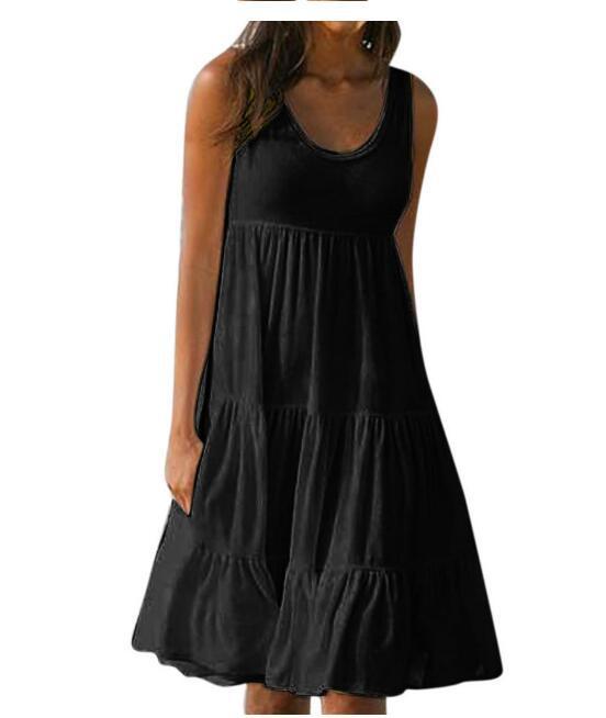 Women Fashion Casual Basic Solid Color U-Neck Sleeveless Loose Dress