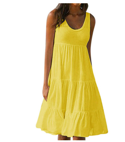 Women Fashion Casual Basic Solid Color U-Neck Sleeveless Loose Dress