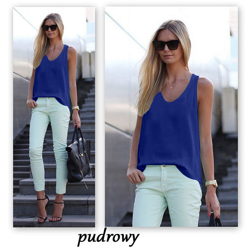 Women Casual Chiffon Solid Color Sleeveless U-Neck Tanks