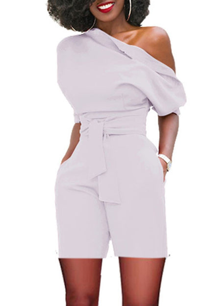 Women Casual Elegant Off-Shoulder Button Down Solid Color Short Sleeve Rompers