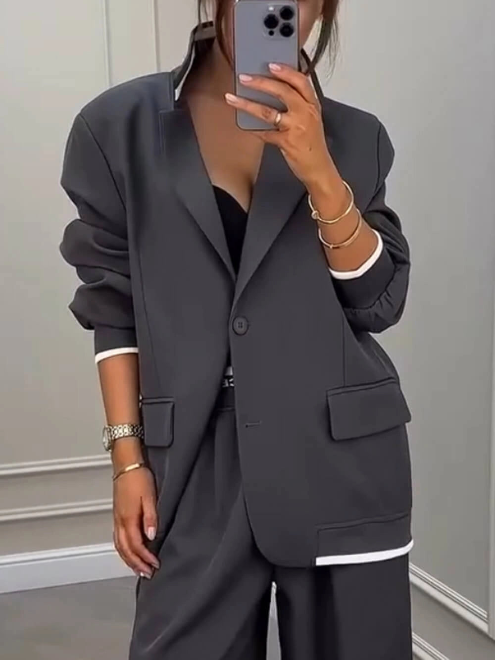 Fashion Sports Style Ribbed Colorblock Lapel Blazer and Elastic Waist Pocket Loose Pants Set