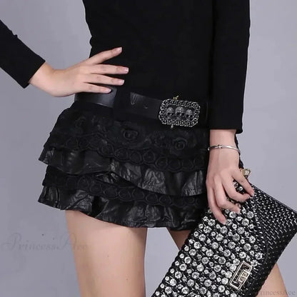 PU Leather Lace Patchwork Mini Skirt