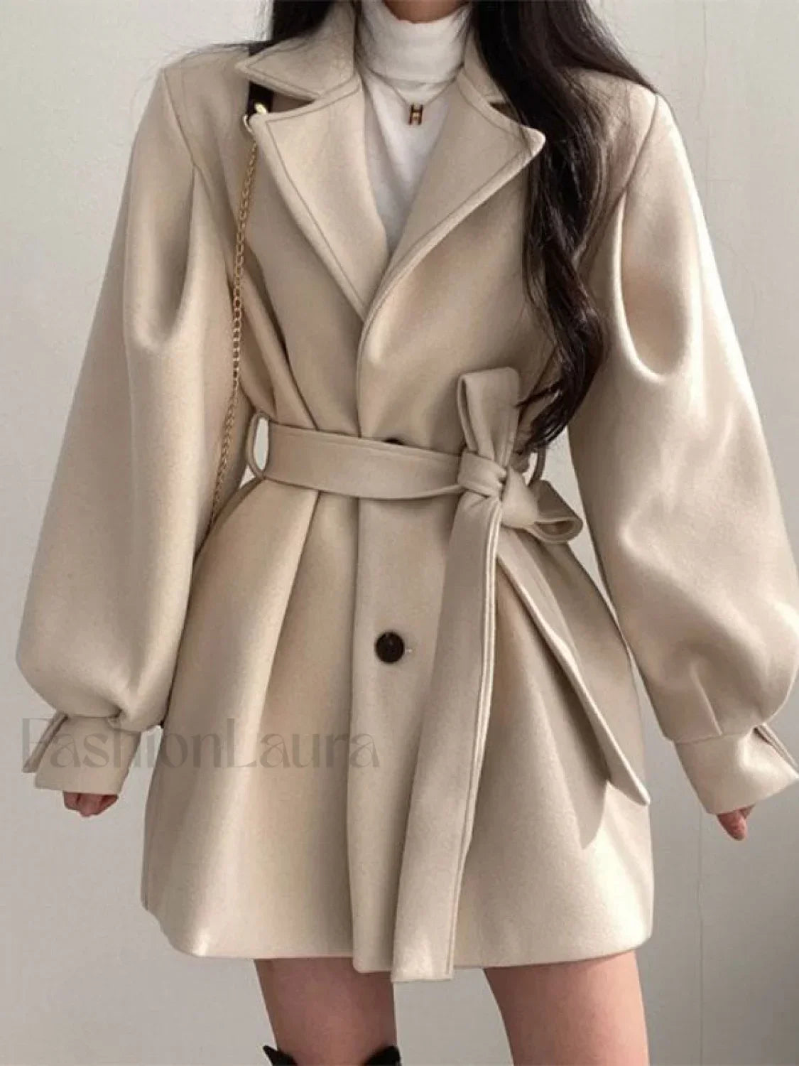 Puff Sleeve Belted Woolen Coat