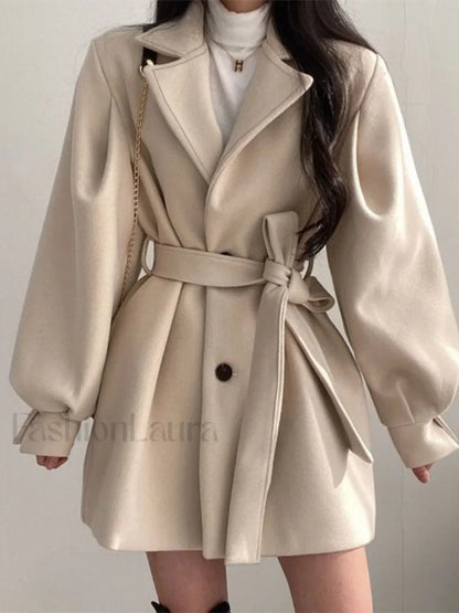 Puff Sleeve Belted Woolen Coat