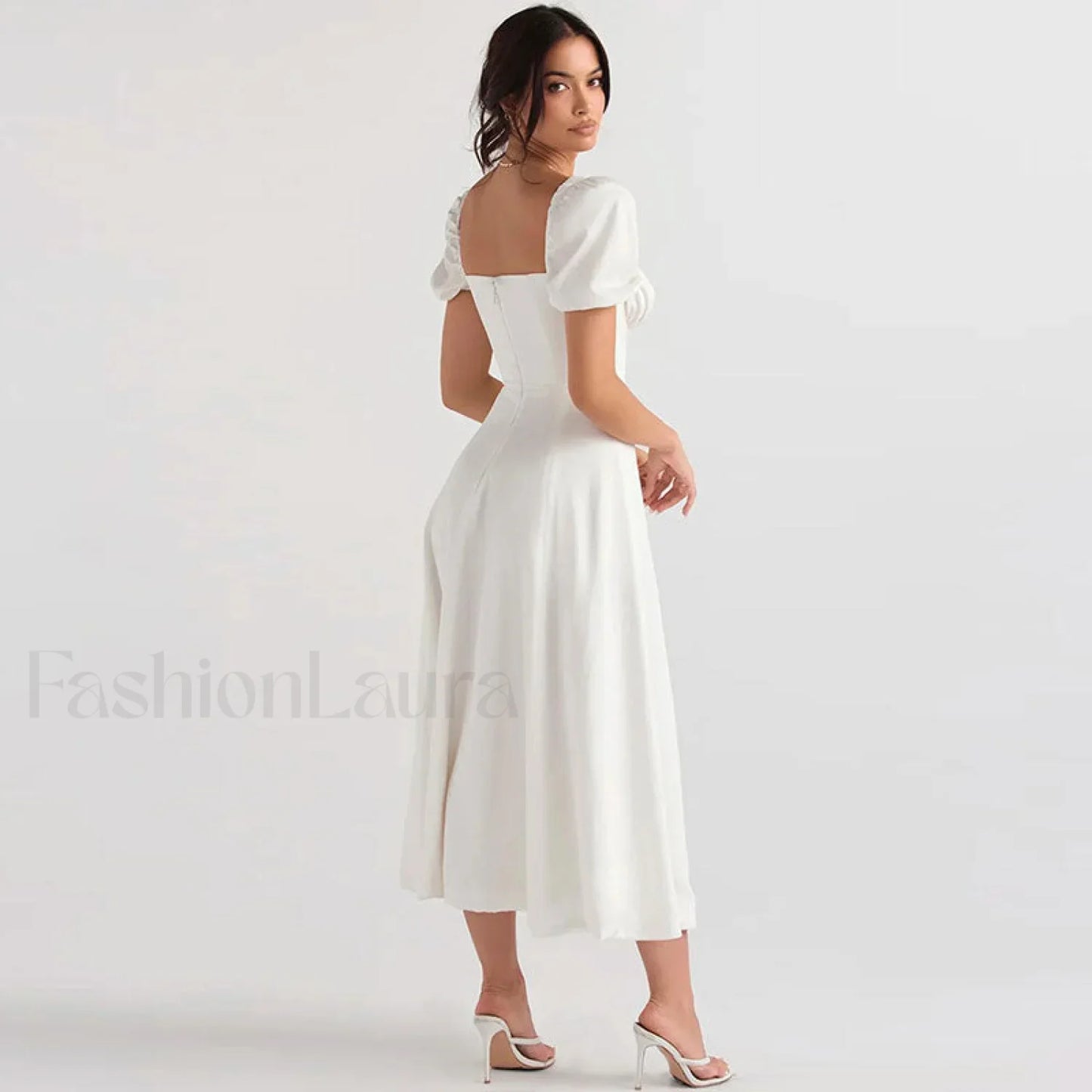 Puff Sleeve Tie Front High Split Off Shoulder Midi Sundress - White