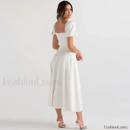Puff Sleeve Tie Front High Split Off Shoulder Midi Sundress - White