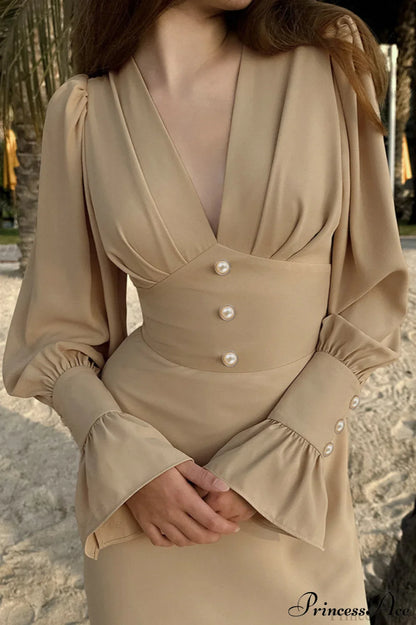 Puff Sleeve V Neck Vintage Slim Maxi Dress