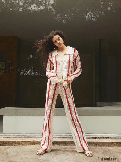 Puglia Stripe Crochet Long Modern Sleeve Two Piece Pants Set