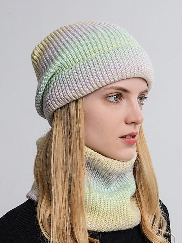 2pcs/set Winter Women Beanies Snood Sets Gradient Color Knitted Hat Warmer Fashion Outdoor Windproof Thicken Tie Dye Scarf Hat For Women for Women