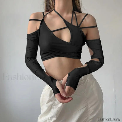 Punk Y2K Gothic Slim Fit Hollow Out Long Sleeve T-shirt Crop Top