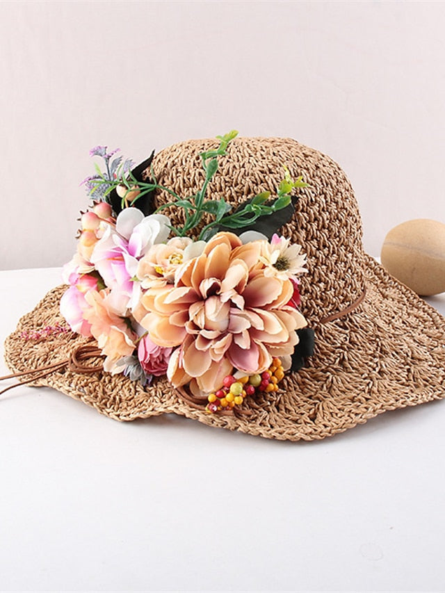 Hat Straw Hat Sun Hat Pink Khaki Navy Blue Party Outdoor Dailywear Floral Floral Portable Windproof Comfort for Women