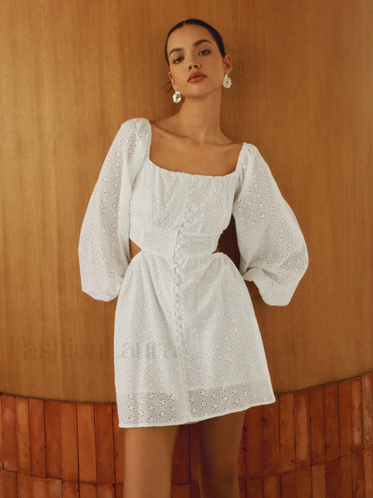 Pure Cotton Lantern Trendy Sleeve Short Dress