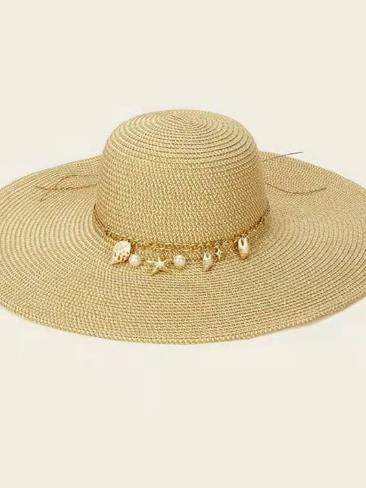 Summer Women Straw Hat with Shell Decoration Wide Brim Floppy Panama Hats Female Lady Outdoor Foldable Beach Sun Cap for Women