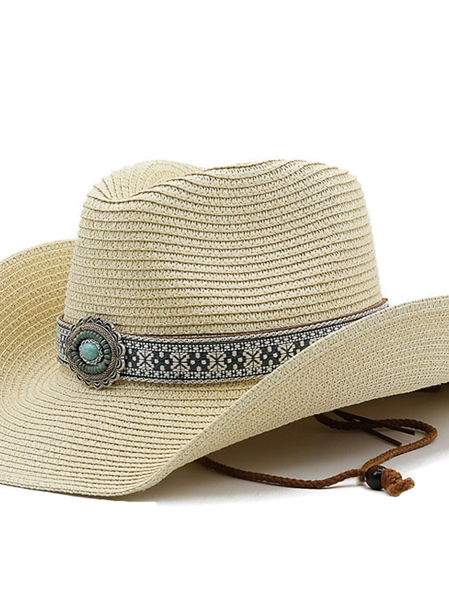 Turquoise Decoration Western Cowboy Hat Men Women Cowgirl Summer Straw Hats For Lady Sun Hat Beach Cowgirl Jazz Hat for Women