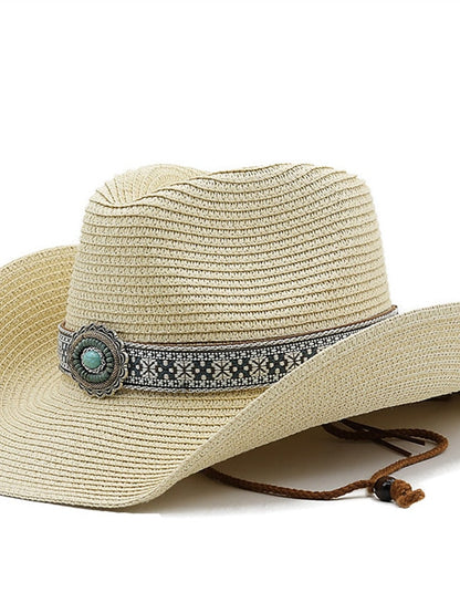 Turquoise Decoration Western Cowboy Hat Men Women Cowgirl Summer Straw Hats For Lady Sun Hat Beach Cowgirl Jazz Hat for Women