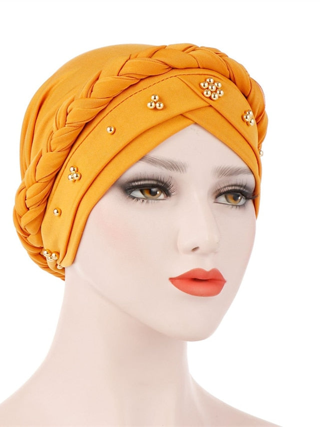 Women Lady Gold Beads Muslim Braid Head Turban Soft Islamic Arab Cap Hat Hair Care Bonnet Beanies Fashion for Women