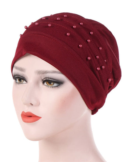 Muslim Women Turban Scarf Beaded Turban Hat Solid Color Beanies Cap Islamic Wrap Headscarf Musulman Femme Hijab Hair Care Accessories for Women