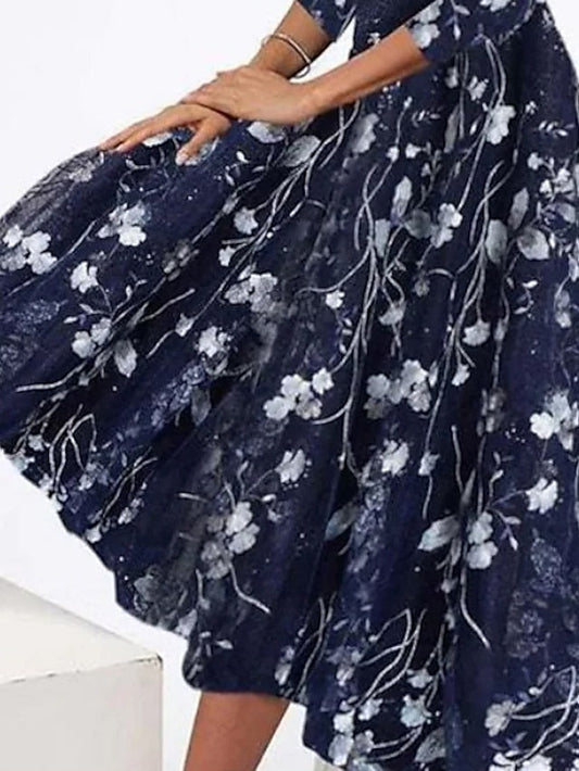 A Line Dress Midi Dress Dusty Blue 3/4 Length Sleeve Floral Ruched Print Spring Summer Crew Neck Elegant Casual Vintage  S M L XL XXL 3XL for Women
