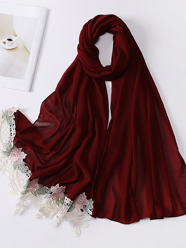Sweet Style Muslim Lace Hijab Good Stitching Plain Scarf Premium Chiffon Scarf Shawl Islamic Soft Turban Head Wraps Headband for Women