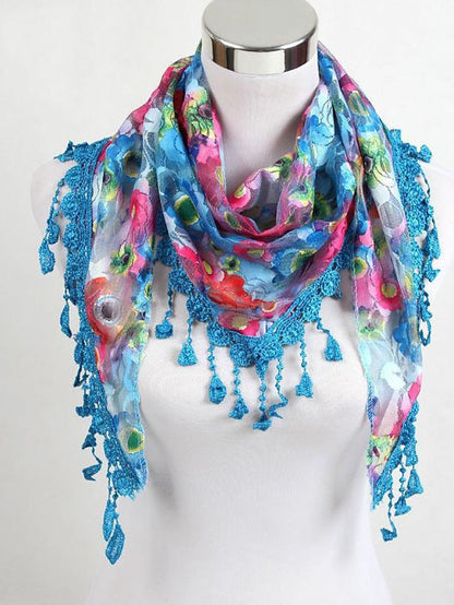 Shawls & Wraps Party Blue Scarf Floral &  Long Triangle Tassel Scarf / Basic / Fall / Winter / Spring for Women
