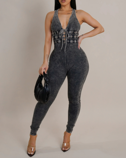 Washed Distressed Leggings Sleeveless Ribbed Jumpsuit