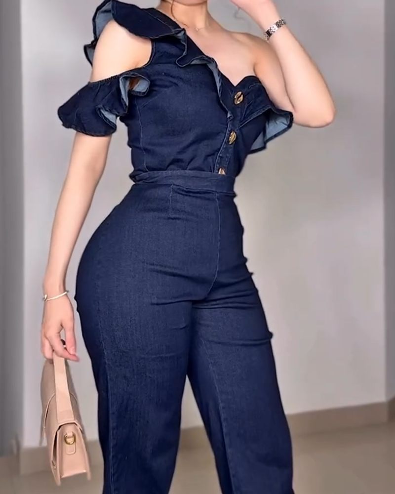 One-Shoulder High-Waist Denim Set (Pre-Sale)
