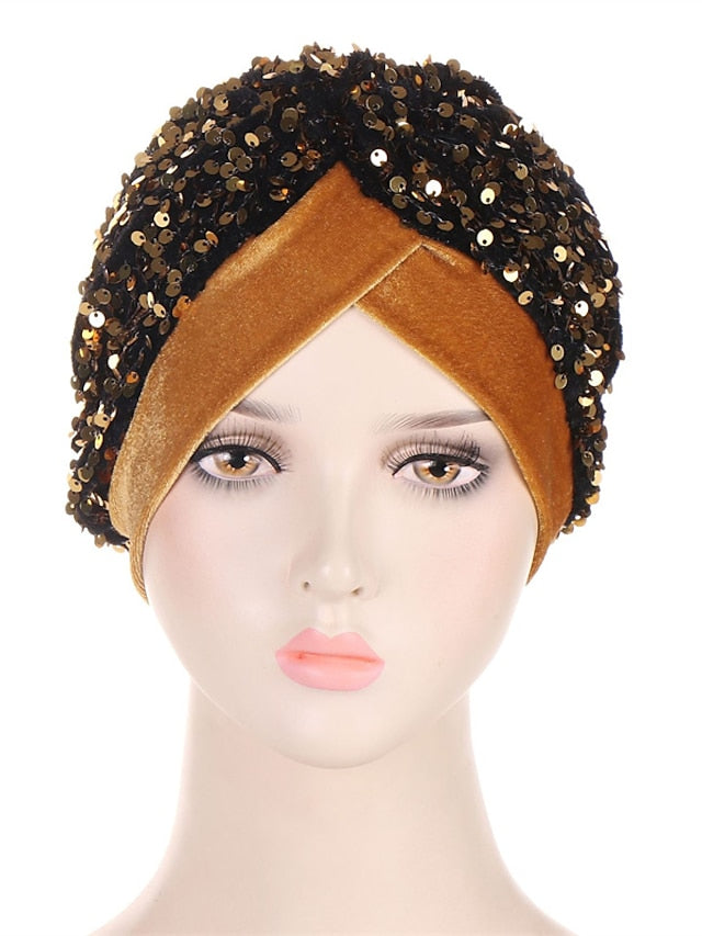 Velvet Sequins Turban Caps For Women Muslim Headscraf Bonnet Femme Musulman Islamic Head Wraps African Indian Hat Protective Hair Cover for Women