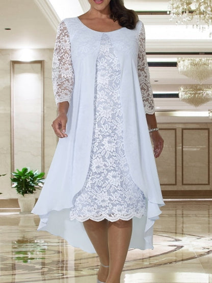 A-Line Mother of the Bride Dress Plus Size Elegant Jewel Neck Knee Length Chiffon Lace Long Sleeve with Lace 2023