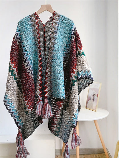 Women Autumn Winter New Colorful Thick Ponchos Knitted Ladies Cloak Warm Fashion Scarves & Wraps Holiday Travel Ethnic Covers for Women