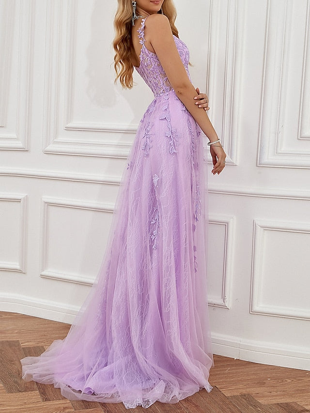 A-Line Prom Dresses See Through Dress Formal Sweep / Brush Train Sleeveless Sweetheart Tulle Backless with Beading Slit Appliques 2023