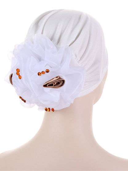 Women Solid Color Back Big Flower New Turban Muslim Hijab Caps Satin Flowers Arab Wrap Inner Hijabs Bonnet Hat Headdress for Women