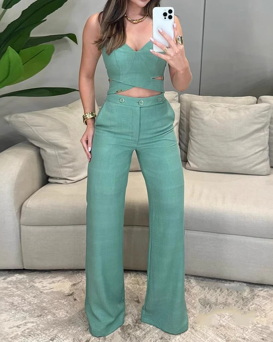 Sleeveless Cross Solid Color Two Piece Suit