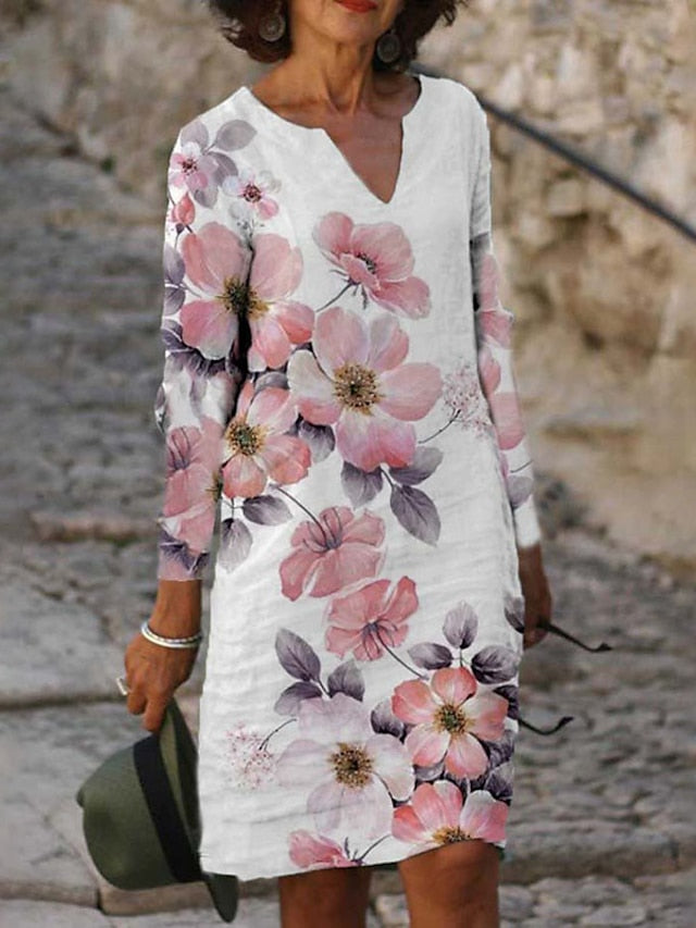 A Line Dress Knee Length Dress White Yellow Pink Long Sleeve Floral Print Winter Fall Autumn V Neck Casual Winter Dress Fall Dress  S M L XL XXL 3XL for Women