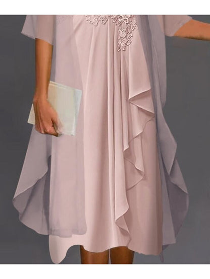 A Line Dress Knee Length Dress Blue Purple Pink Half Sleeve Floral Pure Color Ruched Mesh Fall Spring Crew Neck Elegant Casual Classic  S M L XL XXL 3XL for Women