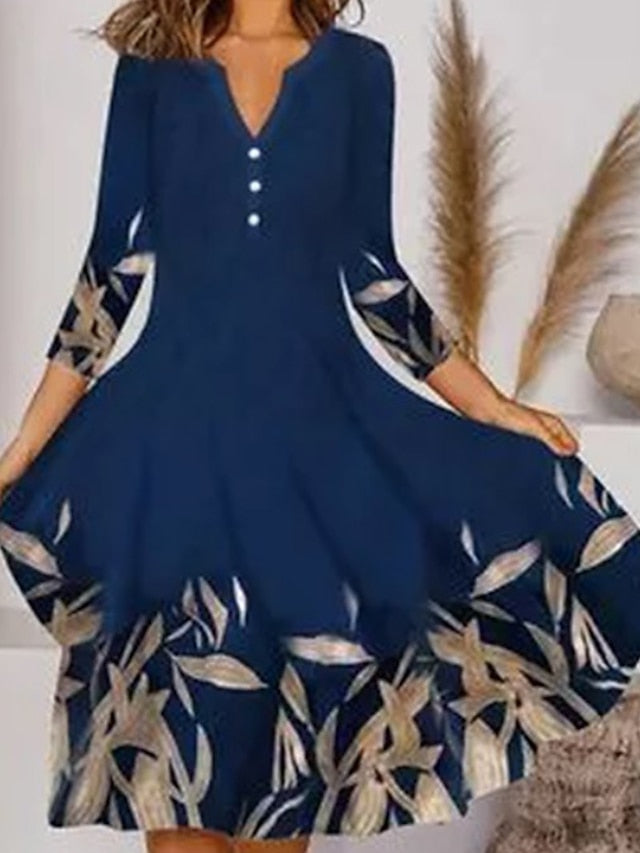 A Line Dress Midi Dress Dark Blue Long Sleeve Floral Print Summer Spring V Neck Casual Winter Dress Fall Dress  S M L XL XXL 3XL for Women