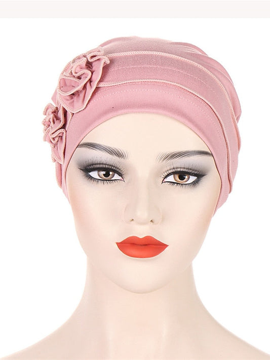 1pcs Beanie Hat Headwear Turban Covers Two Flower Head Wraps Turban Hat Classic Vintage Women Solid Color Soft Headgear for Women