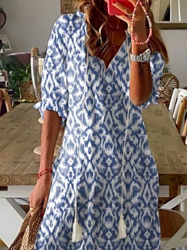 A Line Dress Maxi long Dress Purple Half Sleeve Print Ruched Print Spring Summer V Neck Casual Vacation  3XL for Women