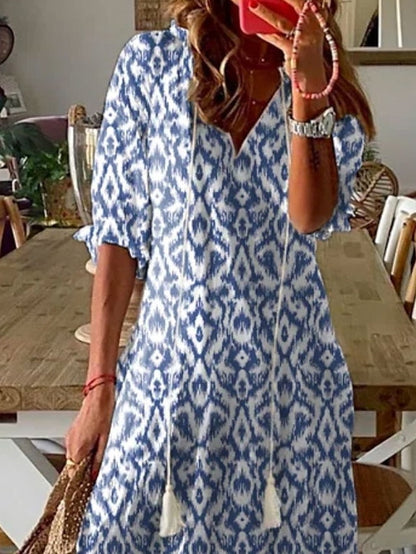 A Line Dress Maxi long Dress Purple Half Sleeve Print Ruched Print Spring Summer V Neck Casual Vacation  3XL for Women