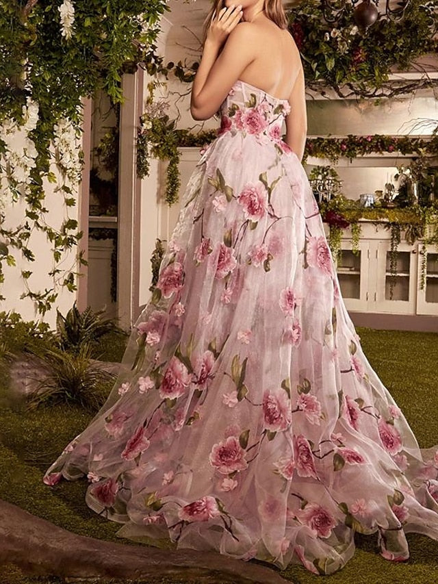A-Line Prom Dresses Floral Dress Wedding Guest Court Train Sleeveless Strapless Organza with Slit Appliques 2023