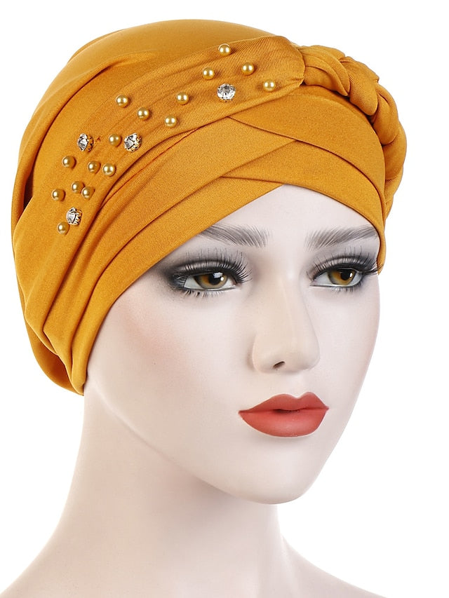 India Muslim Women Hijab Hat with Beads Turban Headscarf Islamic Head Wrap Lady Beanie Bonnet Hair Loss Cover for Women