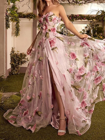 A-Line Prom Dresses Floral Dress Wedding Guest Court Train Sleeveless Strapless Organza with Slit Appliques 2023