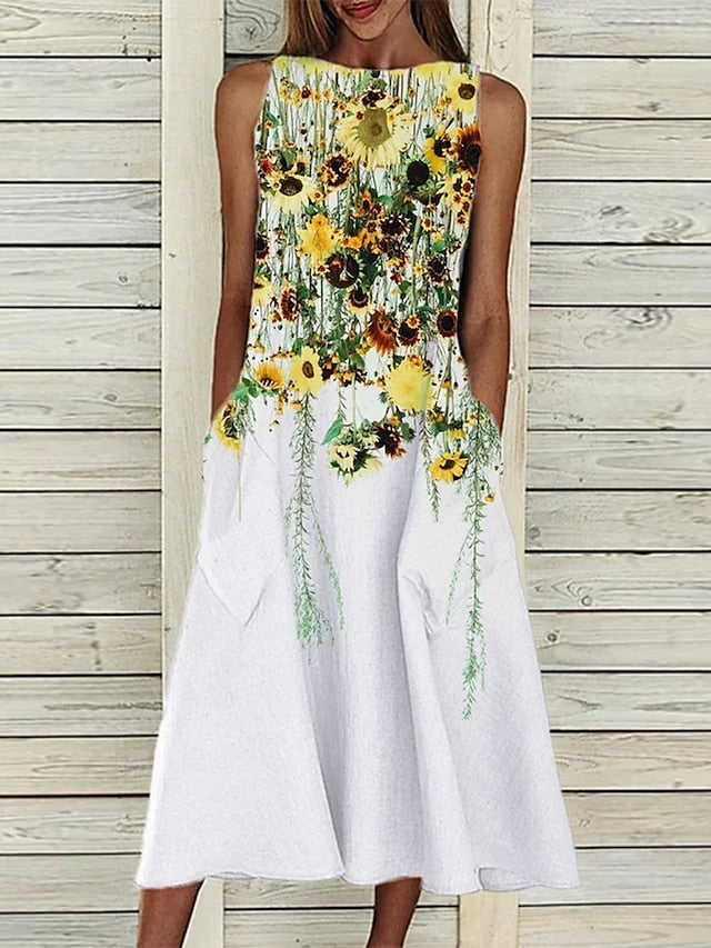A Line Dress Midi Dress Sleeveless Floral Pocket Cold Shoulder Print Spring Summer Round Neck Casual Vintage Going out  S M L XL XXL Cotton for Women