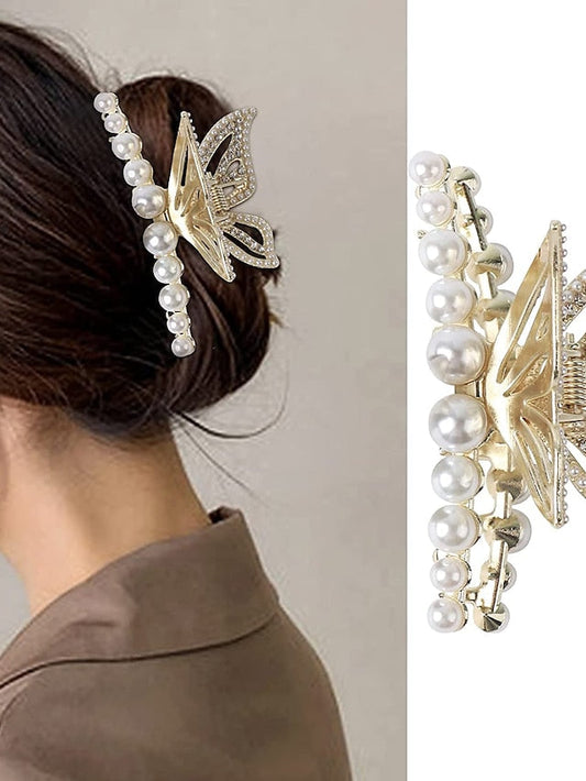1 Pc Butterfly Hair Clip for Women Non-Slip Metal Beaded Hair Clip for Girls and Ladies with Thick or Thin Hair (Gold) for Women