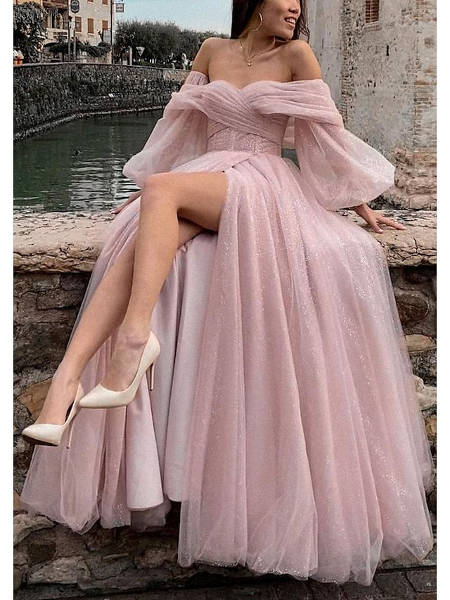 A-Line Prom Dresses Corsets Dress Formal Floor Length Long Sleeve Off Shoulder Tulle with Glitter Ruched Slit 2023