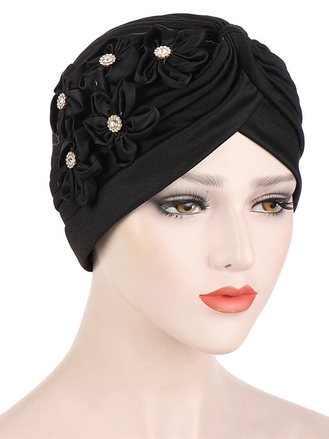 Elegant Women Five Flowers Turban Caps Muslim Elastic Crystal Party Headscarf Bonnet Ladies Hair Accessories Indian Cap for Women