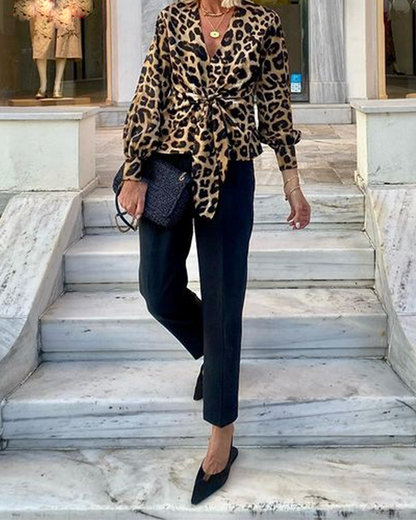 Leopard Print V-Neck Temperament Long Sleeve Shirt