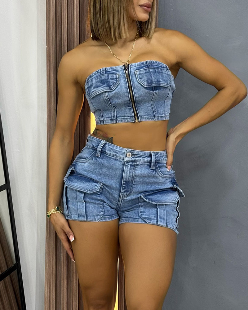 Sexy Tube Top With Multiple Pockets Shorts Set